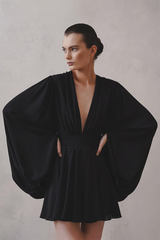 Deep V Neck Balloon Sleeve A-Line Pleated Solid Color Mini Dresses-Black