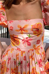 Puff Sleeve Square Neck Floral Print Pleated Vacation Maxi Dresses-Orange