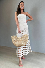 Knit Strapless Slim Fit Hollow Out Vacation Maxi Dresses-White