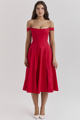 Dropped Shoulder Corset A-Line Slit Solid Color Midi Dresses-Red