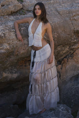 Deep V Neck Backless Vest Tiered Maxi Skirt 2pcs Set-White