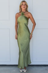 Halter Rosette Decor Open Back Slim Fit Satin Maxi Dresses-Green
