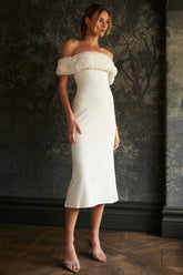 Fuzzy Patchwork Off Shoulder Knit Slim Fit Sweater Midi Dresses-White