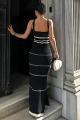 Colorblock Trim Knit Hollow Out Slit Side Maxi Slip Dresses-White