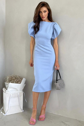 Ruffled Short Sleeve Cinch Waist Back Slit Hem Midi Dresses-Blue