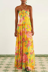 Rosette Halter Floral Print Quilted Vacation Maxi Dresses-Yellow