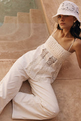 Crochet Panel Peplum Cami Top Wide Leg Pants 2pcs Set-White Pre Order