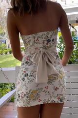 Ditsy Floral Print Back Tie Up Bow Slim Fit Mini Tube Dresses-White