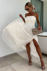 Floral Textured Pattern Strapless A-Line Slit Flowy Maxi Dresses-White