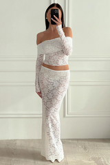 Floral Lace Off Shoulder Long Sleeve Crop Top Maxi Skirt Matching Set-White
