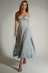 Spaghetti Strap Floral Print High Slit Vacation Midi Dresses-Blue Pre Order