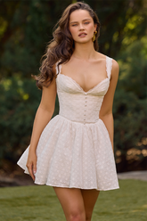 Wide Straps Lace Trim Deep V Neck Corset Mini Dresses-White