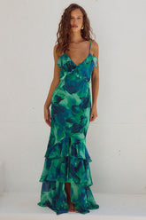 Backless V Neck Layered Ruffle Floral Print Front Slit Maxi Dresses-Green
