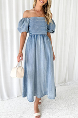 Off Shoulder Puff Sleeve A-Line Denim Elegant Midi Dresses-Blue