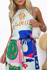 Sleeveless Halter Top Mixed Prints Wide Leg Pants Matching Set-Green
