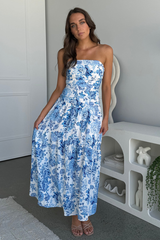 Floral Print Boat Neck Strapless A-Line Maxi Dresses-Blue