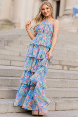 Halter Floral Print Backless Ruffle Layered Maxi Dresses-Blue Pre Order