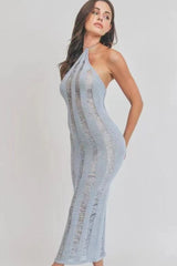 Halter Backless Scratch Knit See-Through Slim-Fit Midi Dresses-Blue
