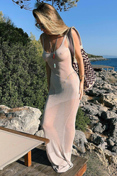 Knit See Through Slim Fit Backless Swimwear Cover Ups Slip Maxi Dresses-Black