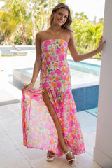 Floral Print Strapless Slit Side Flowy Maxi Dresses-Pink