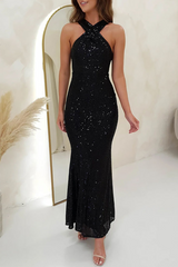 Sleeveless Cross Halter Backless Sequin Formal Party Maxi Dresses-Green