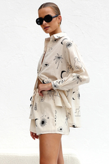 Doodle Print Long Sleeve Blouse Casual Shorts Matching Set-Beige
