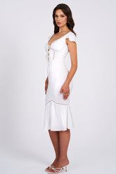 Irregular Neck Lace-Up Lace Trim Fishtail Midi Dresses-White Pre Order