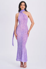 Leopard Print Sash Backless Mermaid Hem Maxi Dresses-Purple