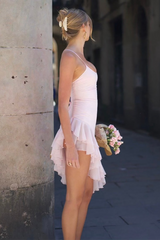 Spaghetti Strap Slim Fit Flounced Asymmetrical Mini Dresses-Pink Pre Order