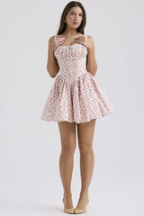Ditsy Floral Print Sleeveless Wide Strap Corset A-Line Mini Dresses-Pink