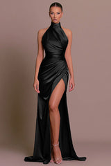 Satin High Neck Sleeveless Slim Fit High Slit Side Gowns Formal Party Maxi Dresses-Black