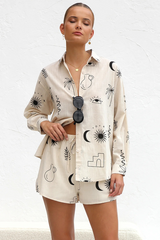 Doodle Print Long Sleeve Blouse Casual Shorts Matching Set-Beige