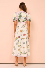 Vacation Mixed Prints Puff Sleeve A-Line Midi Dresses-Beige