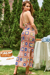 Y2K Fashions Multicolor Pattern Crochet Halter Slit Vacation Knit Maxi Dresses-CHZ02