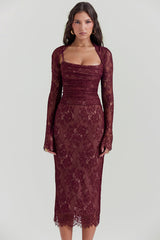 Floral Lace Shrug Ruched Slip Midi Dresses Matching Set-Burgundy
