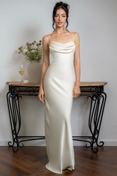 Front Ruched Slim Fit Backless Spaghetti Strap Satin Gowns Maxi Dresses-White