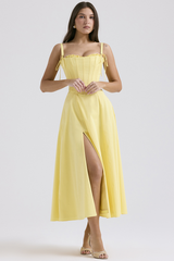 Spaghetti Strap Corset A-Line Slit Hem Midi Dresses-Yellow