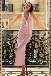 Frilled V Neck Halter Open Back Slim Fit Maxi Dresses-Pink