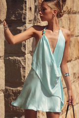 Halter Neck Tie Up Backless Asymmetrical Mini Dresses-Blue