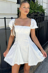Square Neck Puff Sleeve Striped Godets Mini Dresses-White