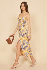 Vacation Irregular Neck Tied Up Cami A-line Floral Print High Slit Midi Dresses