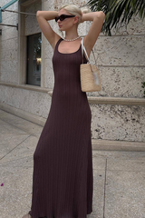 U Neck Slim Fit Knit Pleated Maxi Tank Dresses-Brown
