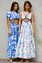 Shoreline Print Cutout Deep V Neck Backless Tie Up Maxi Tank Dresses-Blue