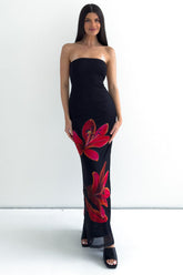 Floral Print Slim-Fit Formal Party Maxi Tube Dresses-Black