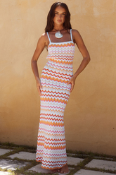 Knit Ripple Pattern Square Neck Backless Slim Fit Maxi Strappy Dresses-White