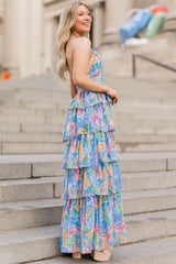 Halter Floral Print Backless Ruffle Layered Maxi Dresses-Blue Pre Order