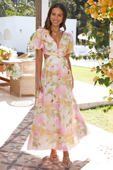 Floral Print V Neck Puff Sleeve Backless A-Line Maxi Dresses-Green