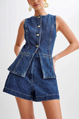 Button Up Slit Tank Top High Waist Shorts Denim Matching Set-Blue