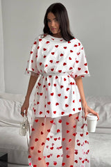Heart Print Mesh Patchwork Short Sleeve T-shirt Midi Dresses-White