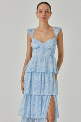 Ruffled Straps Tiered Flounced Slit Maxi Dresses-Blue